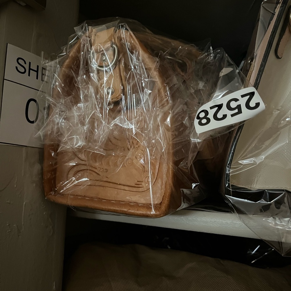 Embossed Tan Leather Satchel - Picture 8 of 8